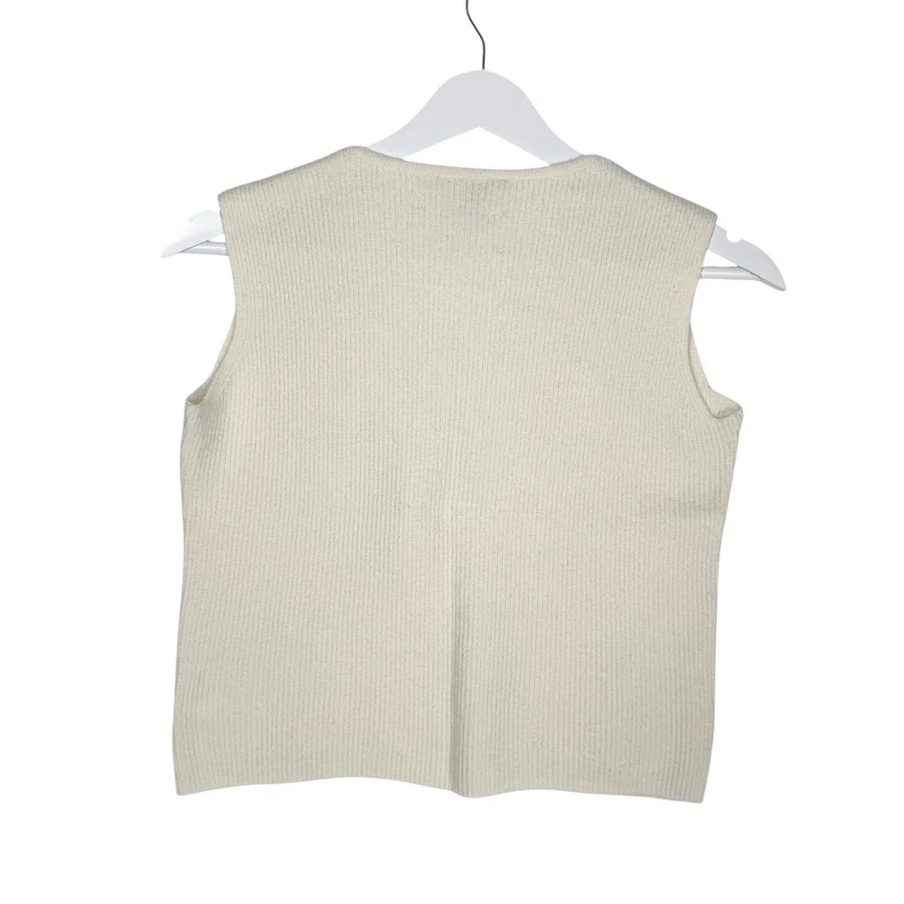 St. John Ribbed Knit Shell M Cream Wool Blend Sleeveless Scoop Neck Quiet Luxury